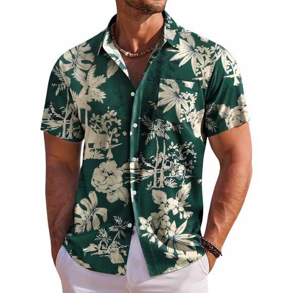 Men's Green Hawaiian Shirt Short Sleeve Button Down Shirts Tropical Beach Shirt